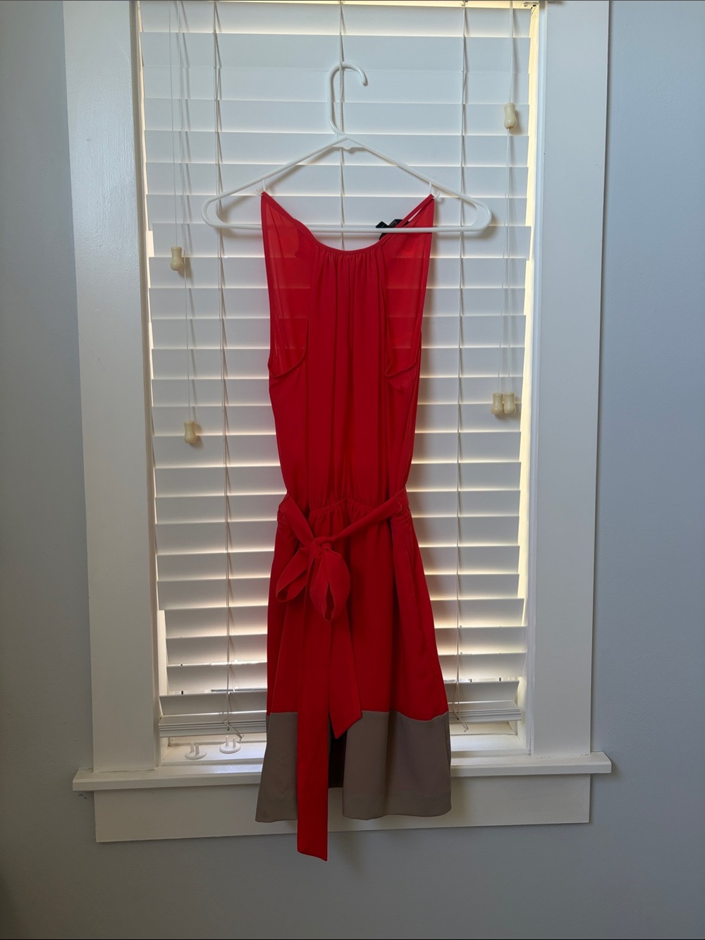 Express Red Sleeveless Midi Dress with Taupe Hem and Tie Waist